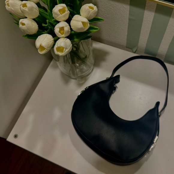 Black Crescent Moon Shoulder Bag | Faux Leather | Silver Hardware | NWT - Picture 8 of 9